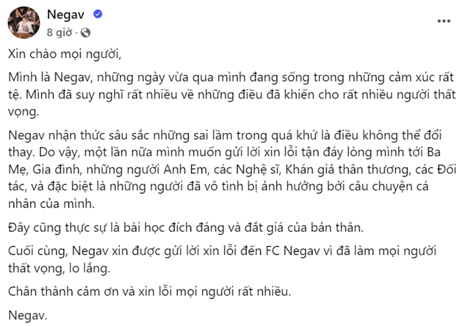 Negav xin lỗi trên trang fanpage