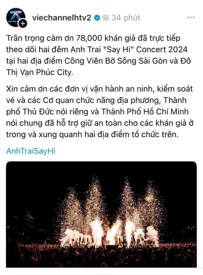 Tài khoản của đơn vị sản xuất Anh trai "say hi" thông báo 2 concert của chương trình diễn ra ở TP.HCM thu hút 78.000 khán giả theo dõi trực tiếp. 