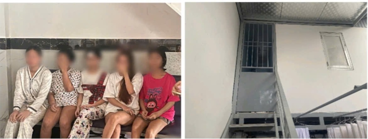 Nhân viên nữ massage tại cơ sở massage, nhà nghỉ Hoa Kiều và khu vực gác lửng phía sau cơ sở nơi “giam giữ” các nhân viên nữ. Ảnh: CABT 
