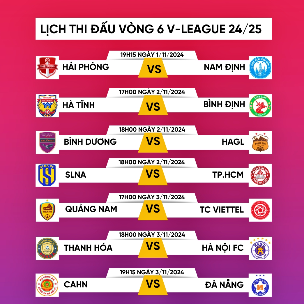 Lịch thi đấu và trực tiếp vòng 6 V-League 2024/2025.