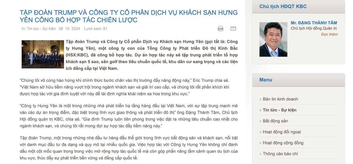 Thông báo đăng trên website của KBC (Ảnh chụp màn hình)