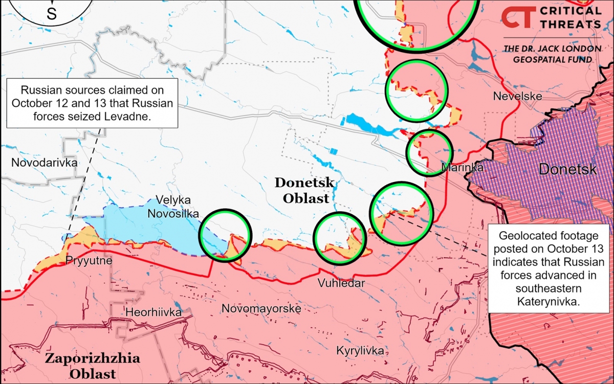 Bản đồ chiến sự Nga - Ukraine ở miền Đông và Nam Ukraine, tính đến 13/10/2024. Ảnh: ISW.