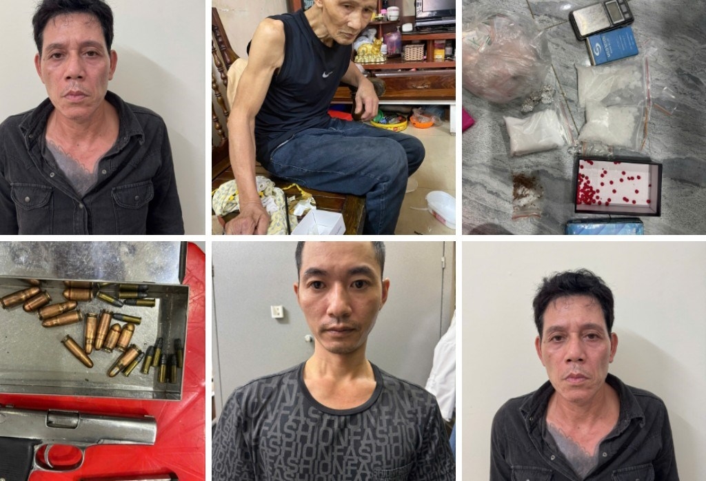 Các đối tượng Phạm Bá Minh, Nguyễn Văn Hoàng, Đặng Quang Minh và tang vật thu giữ gồm ma túy và súng, đạn.