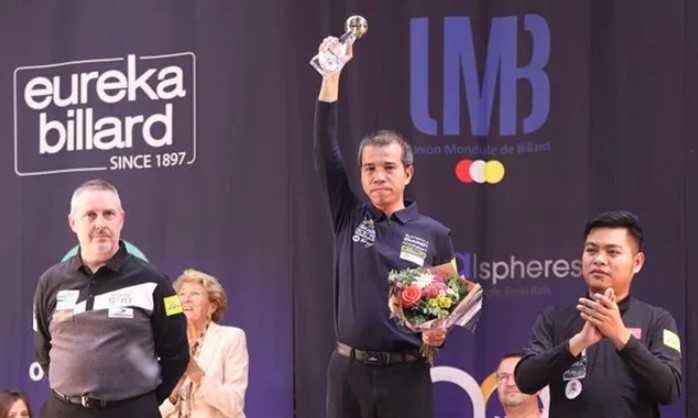 Tran Quyet Chien on top podium of UMB Veghel World Cup 3-Cushion 2024 on October 26 in Veghel, the Netherlands. Photo The Billiards