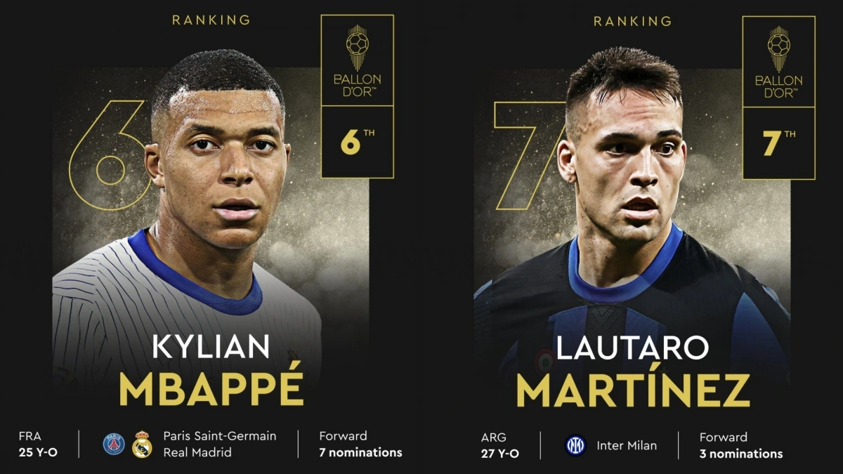 Mbappe và Martinez là những người xếp thứ 6 và 7 trong cuộc bầu chọn Quả bóng Vàng 2024.