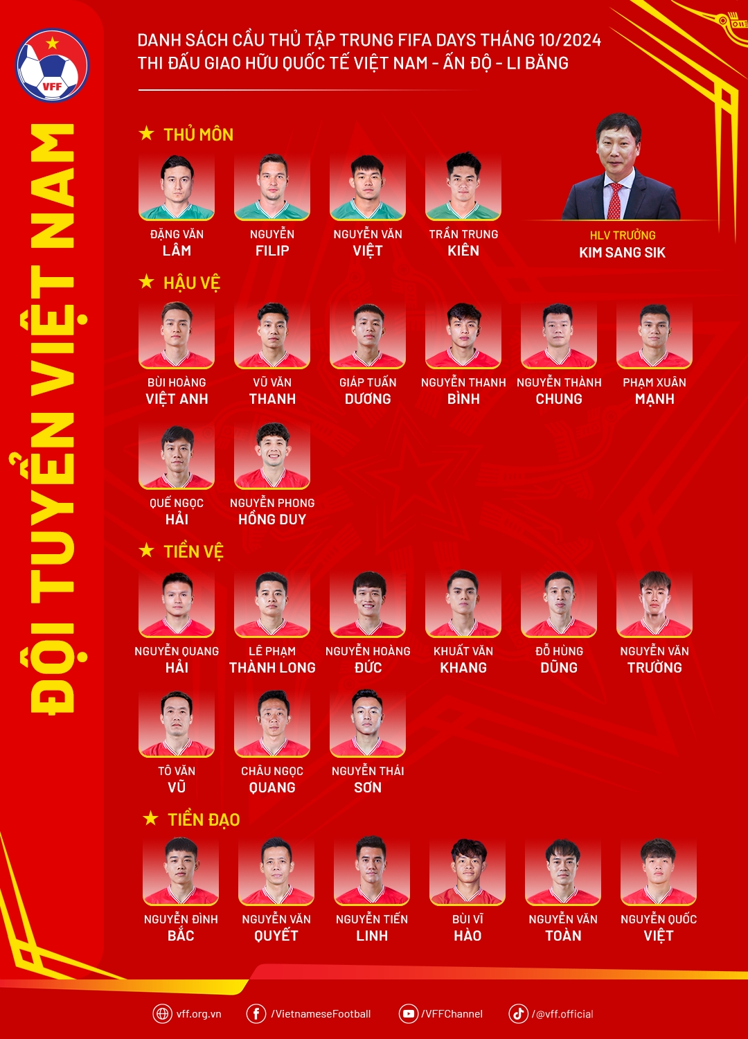 Danh sách ĐT Việt Nam tập trung tháng 10/2024.