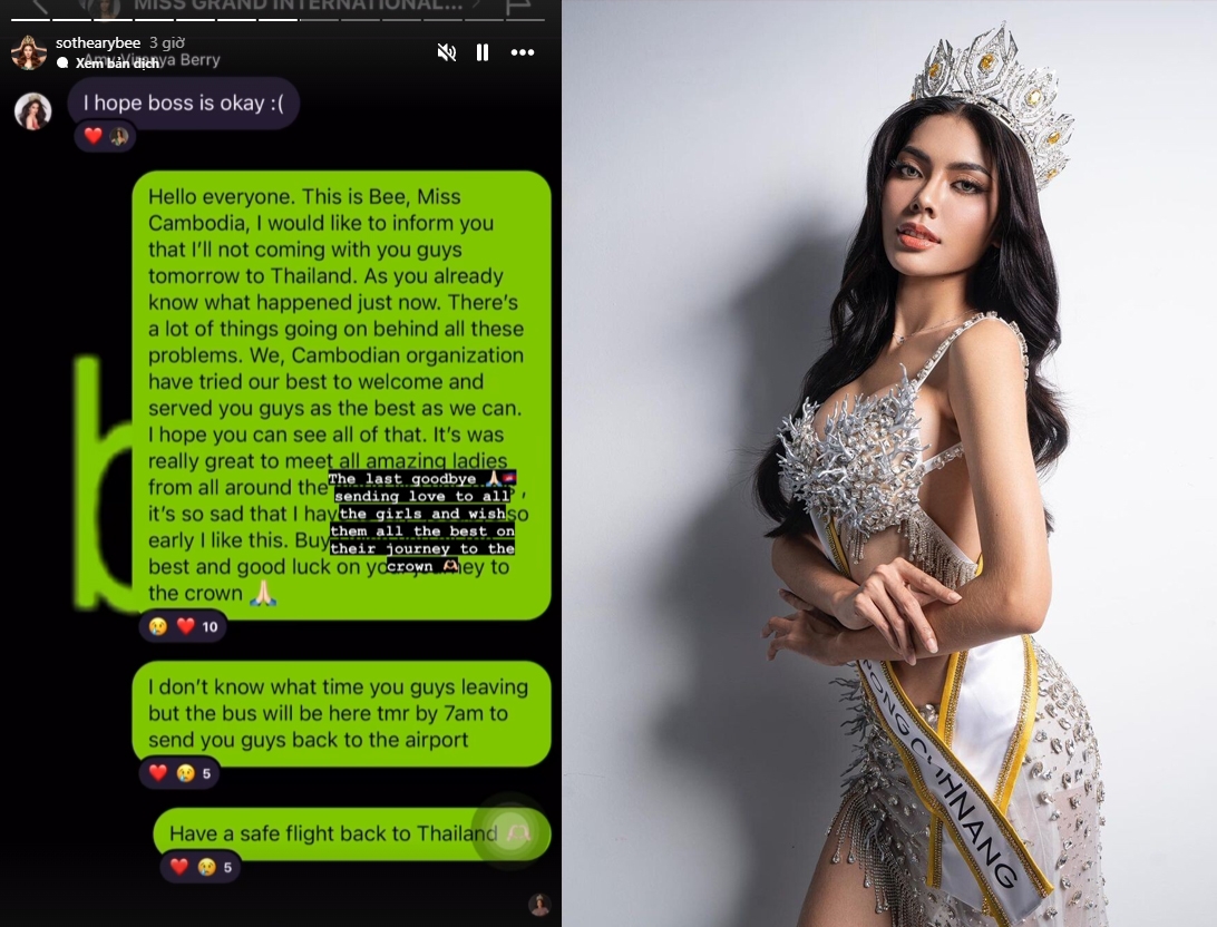 Miss Grand Campuchia Sotheary Bee đăng tải story trên Instagram, thông báo về việc mình sẽ không tiếp tục dự thi Miss Grand International 2024 và không cùng các thí sinh khác đến Thái Lan.