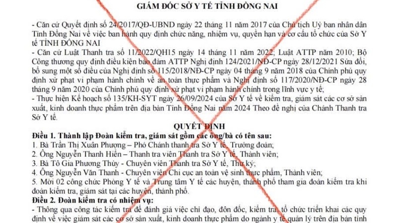 Văn bản giả mạo (Ảnh: Sở Y tế tỉnh Đồng Nai)