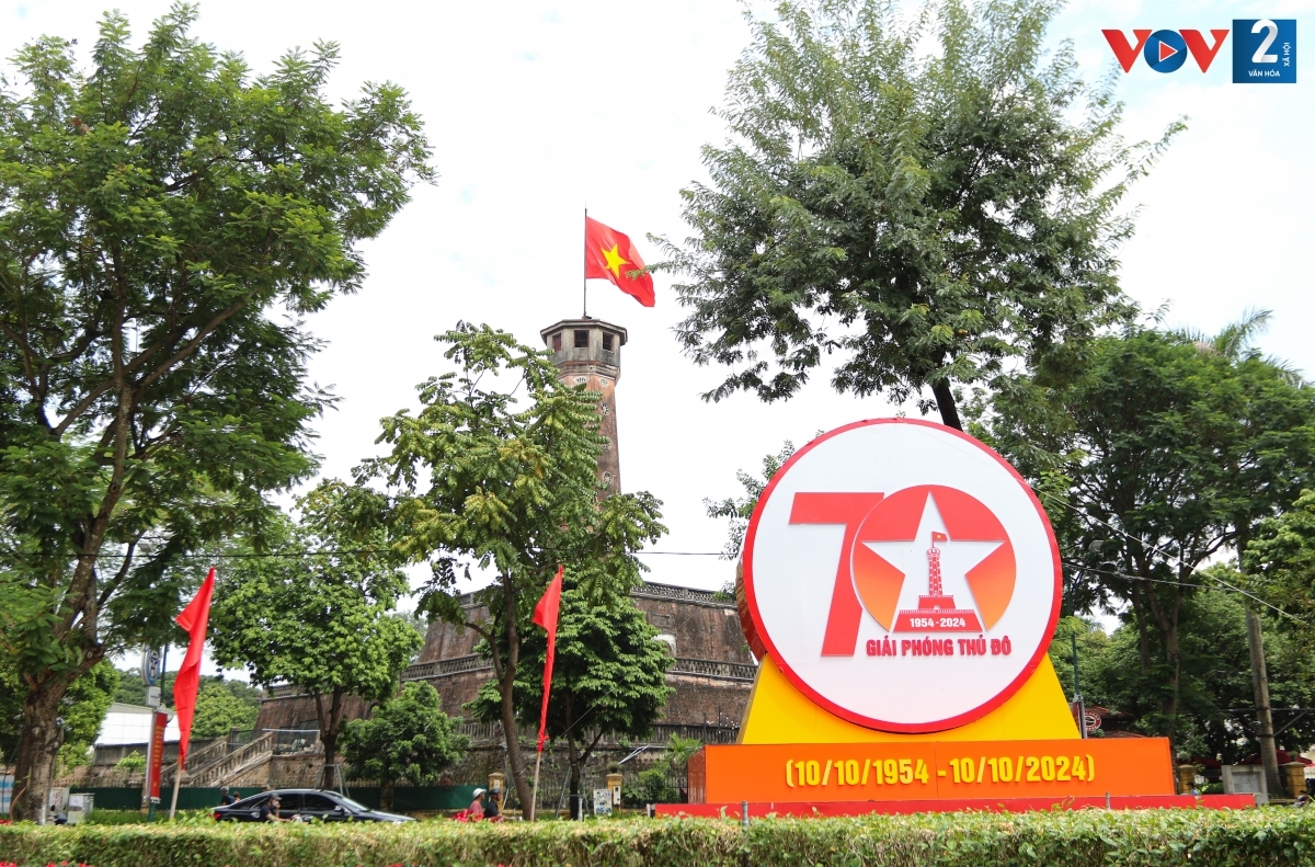 Streets around Hanoi also undergo a makeover ahead of Liberation Day celebrations. Photographed is the national flag waving at Hanoi's historic Flag Tower.