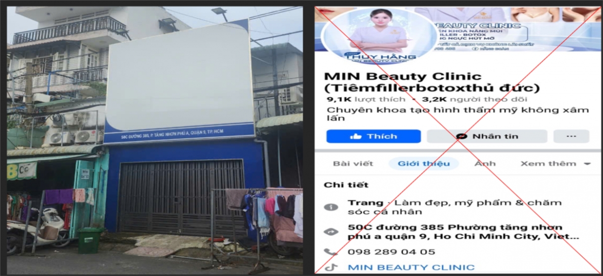 Hình ảnh cơ sở đóng cửa, dời đi sau khi xảy ra tai biến cho khách hàng và trang quảng cáo của MIN Beauty Academy. (Ảnh: Sở Y tế)