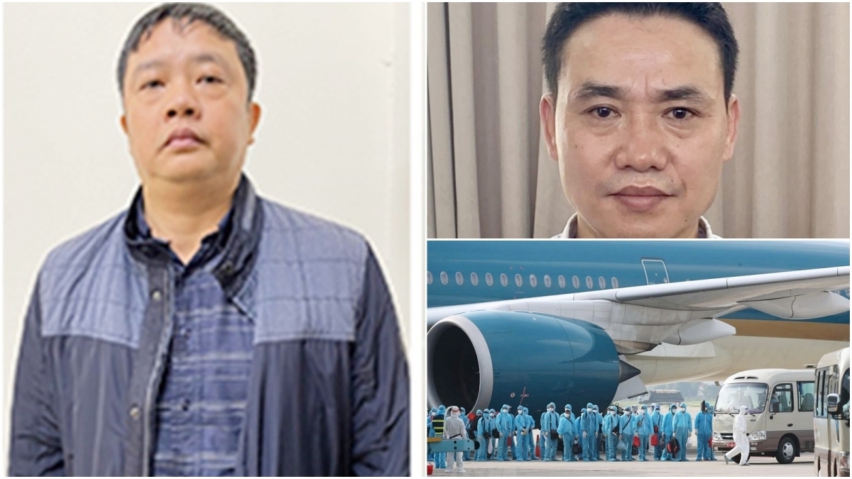 Các bị can trong vụ án: Vũ Hồng Quang (trái, nguyên Phó Phòng vận tải Hàng không, Cục hàng không Việt Nam, Bộ GTVT); Trần Tùng (nguyên Phó Giám đốc Sở Ngoại vụ tỉnh Thái Nguyên).