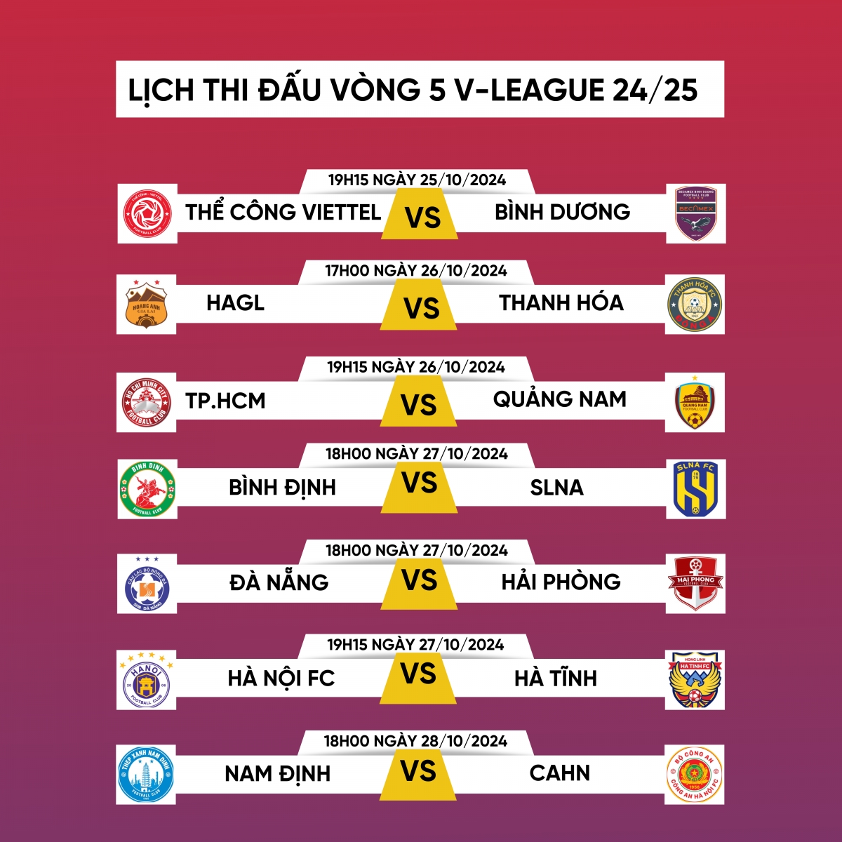 Trận đấu giữa Thể Công Viettel vs Bình Dương sẽ tổ chức tại Hàng Đẫy và được đẩy lên thi đấu vào ngày 25/10.