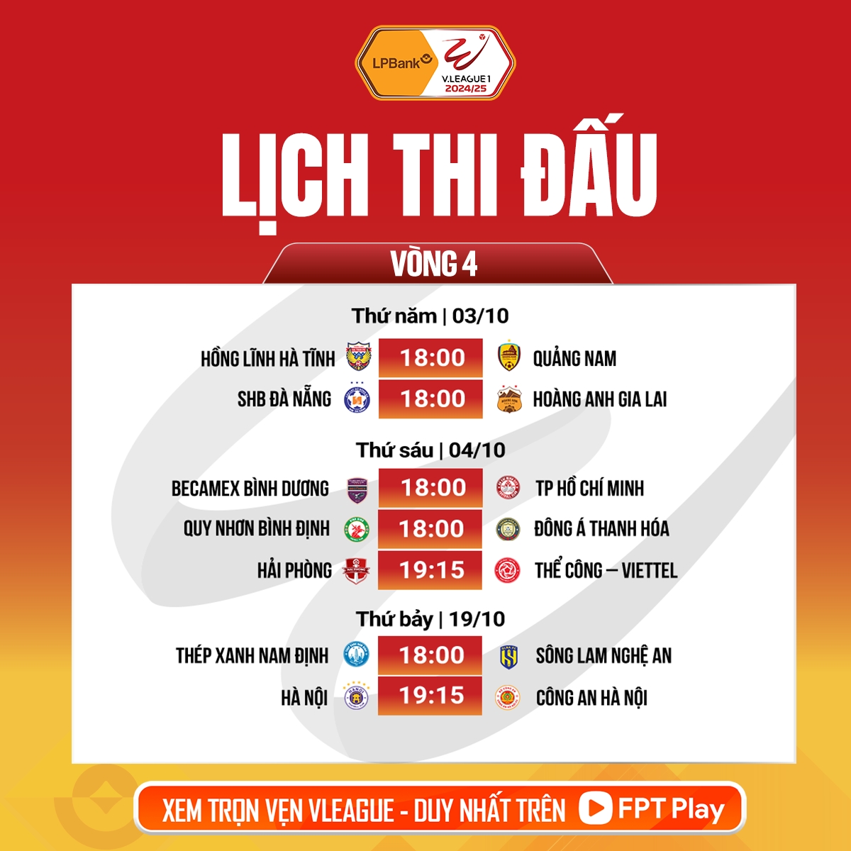 Lịch thi đấu và trực tiếp vòng 4 V-League 24/25.