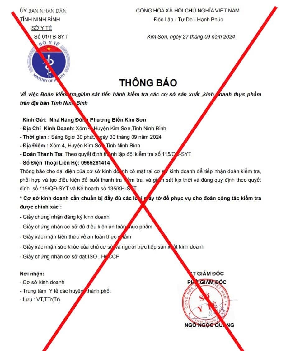 Văn bản do các đối tượng giả mạo chữ ký ông Ngô Ngọc Quang - Phó Giám đốc Sở Y tế tỉnh Ninh Bình để lừa đảo. 