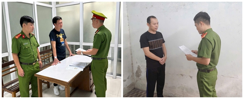 Cơ quan Cảnh sát điều tra Công an TP Đà Nẵng tống đạt các quyết định đối với Võ Đăng Khoa (trái) và Lê Anh Văn (phải).