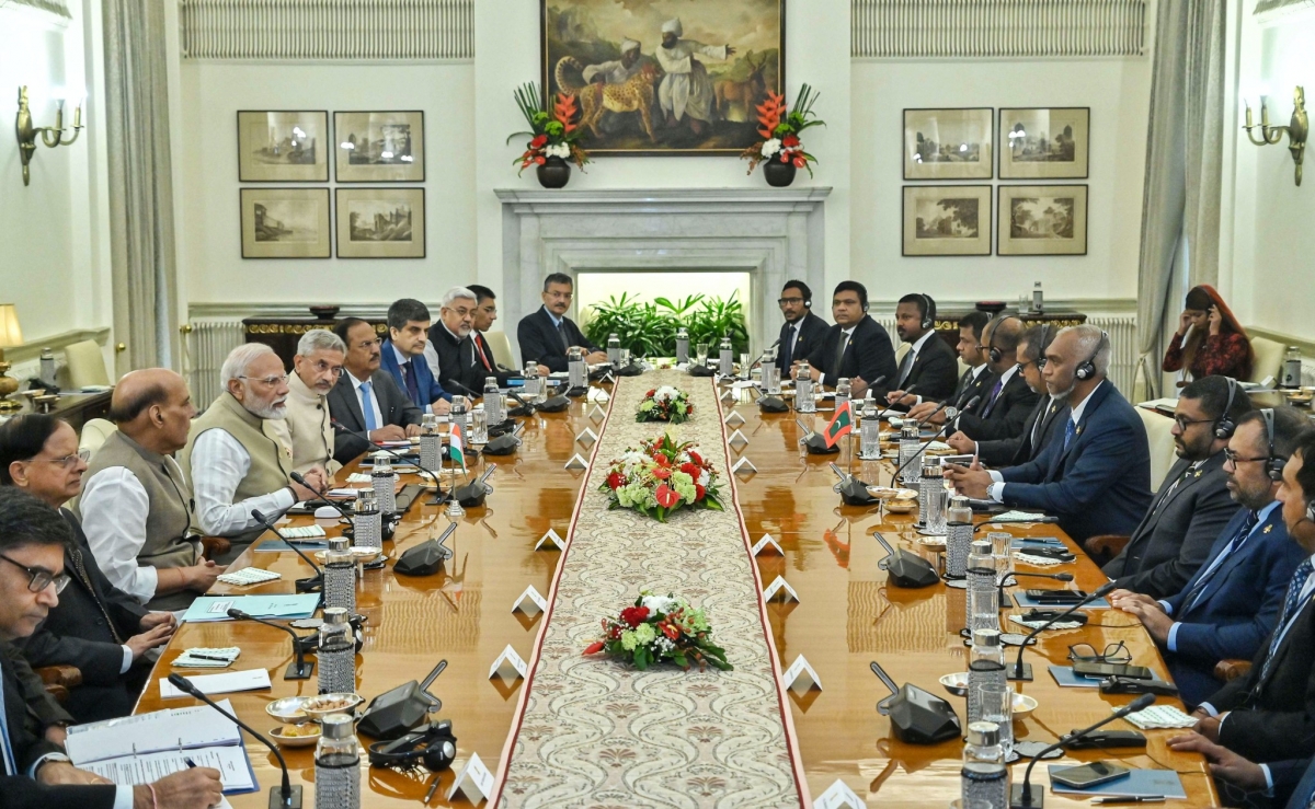 Thủ tướng Ấn Độ Narendra Modi tổ chức hội đàm với Tổng thống Maldives Mohamed Muizzu tại thủ đô New Delhi (Ảnh: ANI)
