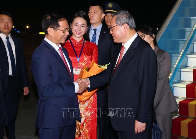 Phó Thủ tướng, Bộ trưởng Ngoại giao Bùi Thanh Sơn đón Thủ tướng Trung Quốc Lý Cường tại Sân bay Quốc tế Nội Bài, Hà Nội (Ảnh: Phạm Kiên/TTXVN)