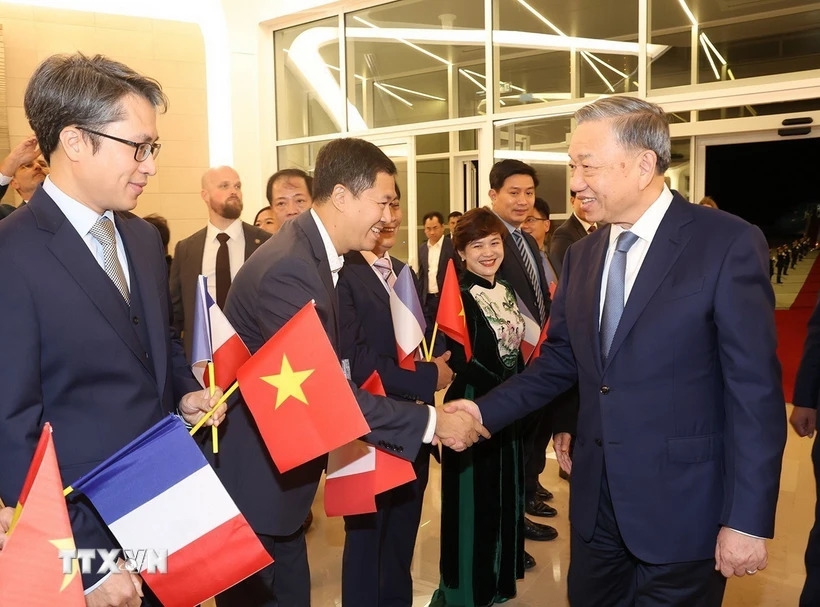 Cán bộ, nhân viên Đại sứ quán, cộng đồng người Việt Nam tại Pháp đón Tổng Bí thư, Chủ tịch nước Tô Lâm tại sân bay Orly ở thủ đô Paris. (Ảnh: Trí Dũng/TTXVN)
