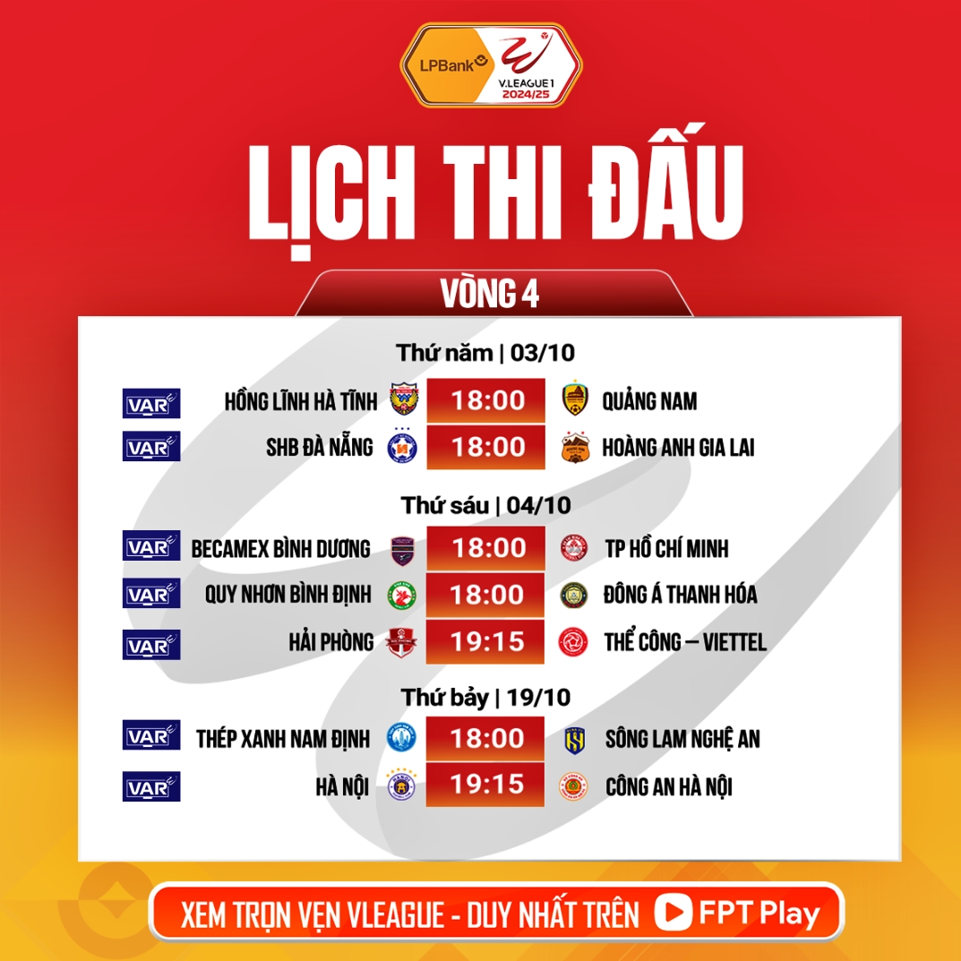 Nếu không có thay đổi vào phút chót, vòng 4 V-League 2024/2025 sẽ áp dụng VAR 100%.