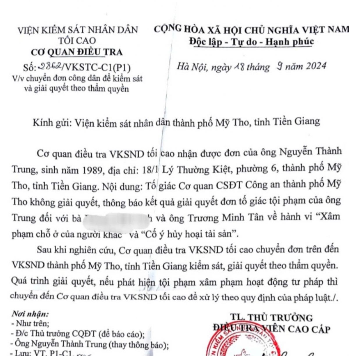 Văn bản của Cơ quan điều tra- Viện kiểm sát Nhân dân tỉnh Tiền Giang gửi đến VKS Nhân dân Tp. Mỹ Tho