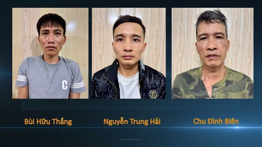 Các đối tượng Thắng, Hải, Biên tại cơ quan Công an. (Ảnh: CACC)