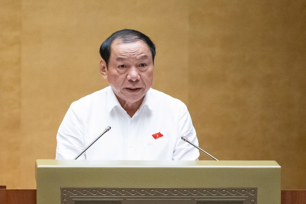 Bộ trưởng Bộ Văn hóa, Thể thao và Du lịch Nguyễn Văn Hùng trình bày Tờ trình về chủ trương đầu tư Chương trình mục tiêu quốc gia về phát triển văn hóa giai đoạn 2025 - 2035 (Ảnh: Quốc hội)
