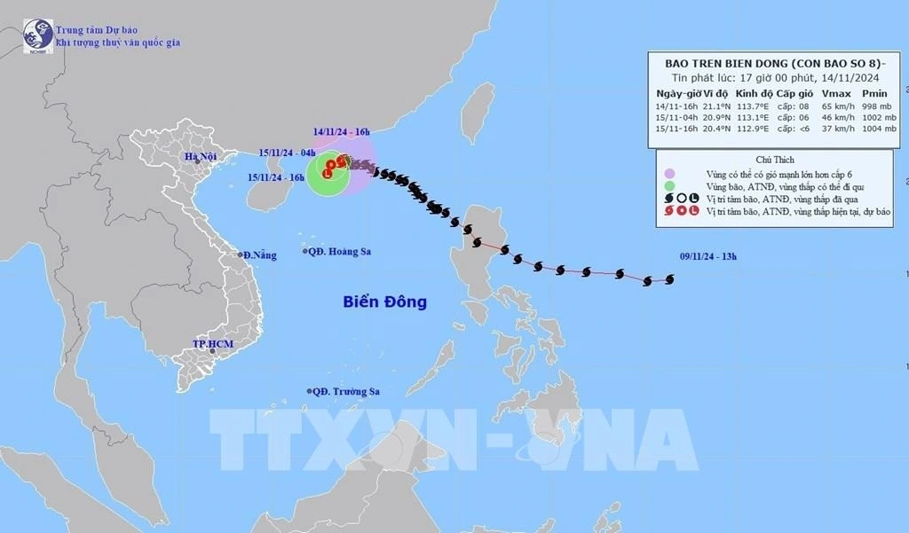Đường đi của bão số 8 lúc 16h ngày 14/11