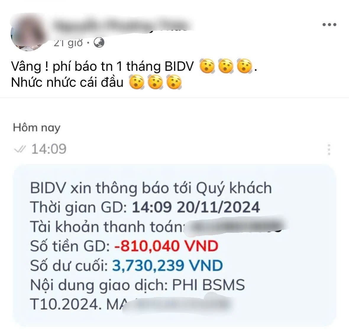 Thông báo của BIDV qua tin nhắn về việc thu phí BSMS từ tháng 11/2024