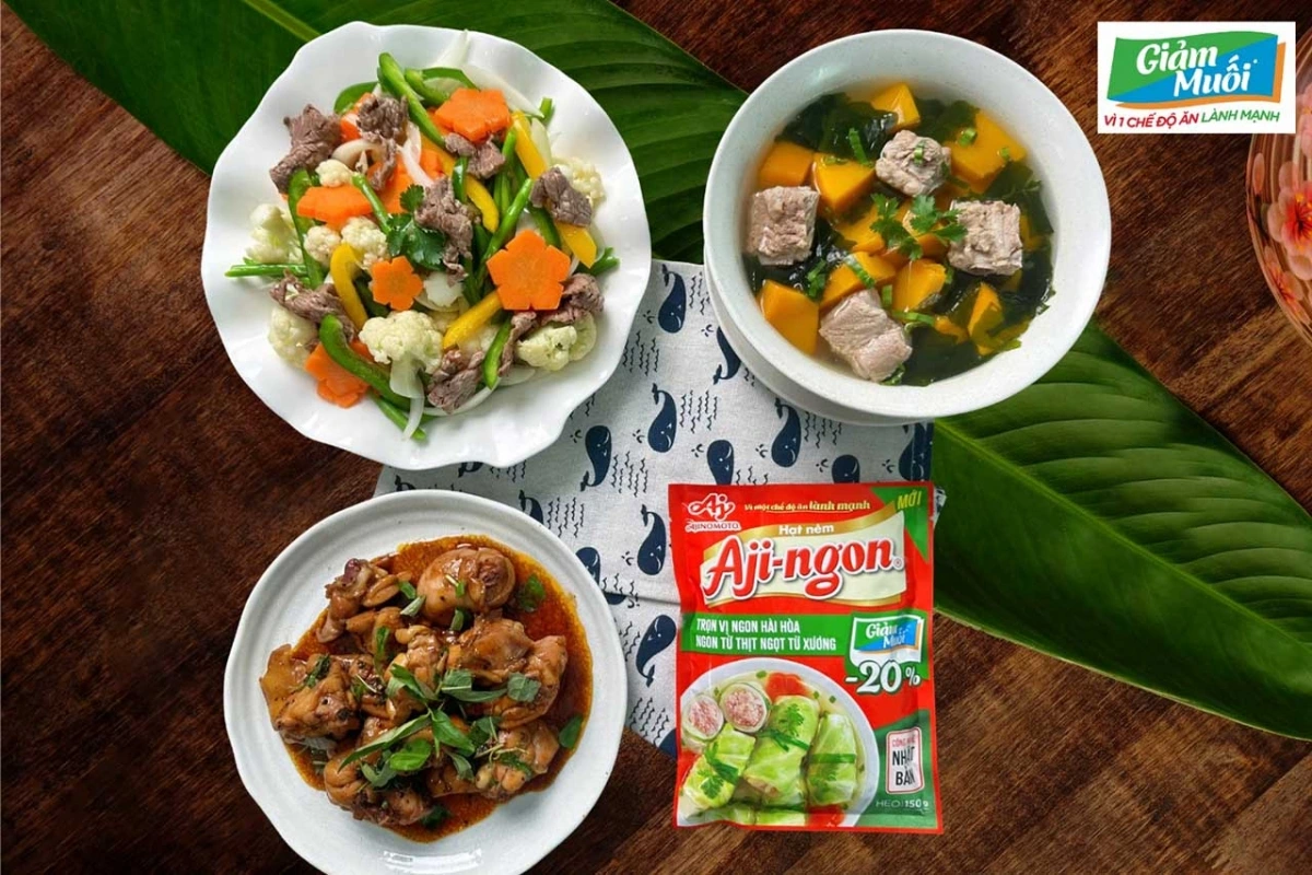 Hạt nêm Aji-ngon Heo Giảm Muối giúp món ăn gia đình tròn vị thơm ngon mà lại còn tốt cho sức khỏe.