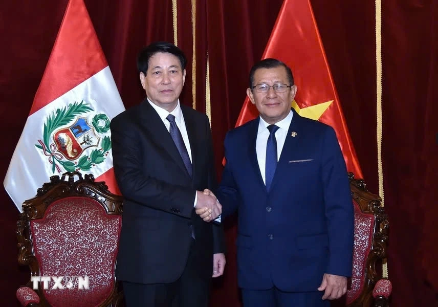 Chủ tịch nước Lương Cường hội kiến Chủ tịch Quốc hội Peru Eduardo Salhuana. (Ảnh: TTXVN)