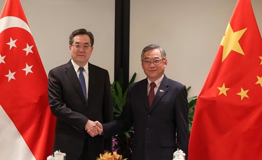 Phó Thủ tướng Singapore Gan Kim Yong (phải) và người đồng cấp Trung Quốc Đinh Tiết Tường tại cuộc họp của Hội đồng hỗn hợp hợp tác song phương. Ảnh: CNA.