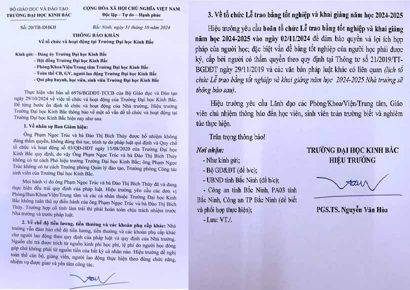 Văn bản Trường Đại học Kinh Bắc đã thông báo hoãn tổ chức lễ trao bằng tốt nghiệp
