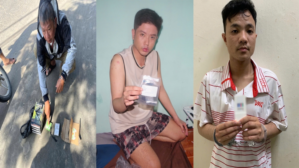 Đối tượng Nguyễn Vinh Hạnh, Lê Việt Thành và Phố Quốc Việt cùng tang vật tại hiện trường