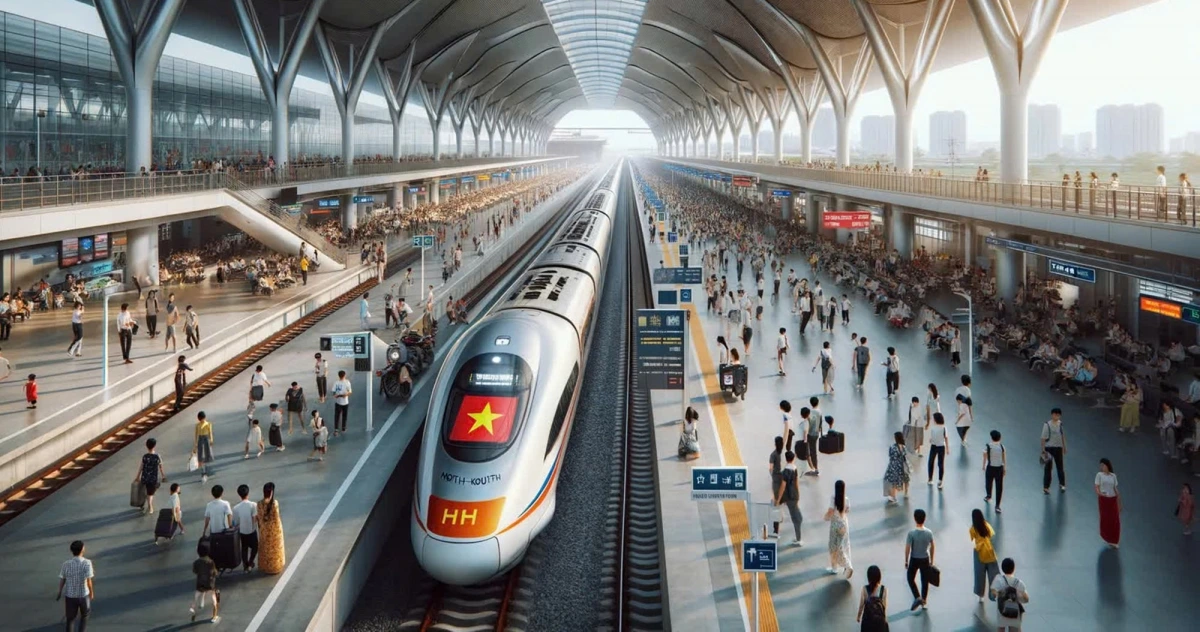 Phối cảnh một nhà ga đường sắt tốc độ cao Bắc - Nam. Ảnh AI