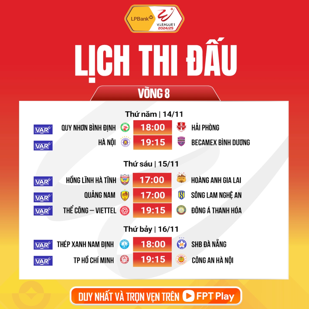 Lịch thi đấu và áp dụng VAR vòng 8 V-League 2024/2025.