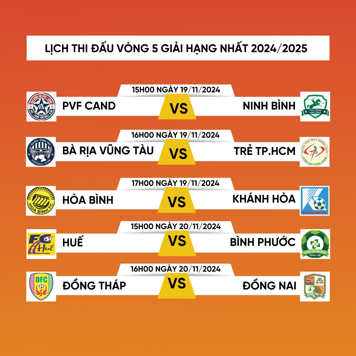 Lịch thi đấu và trực tiếp vòng 5 giải hạng Nhất Quốc gia 2024/2025.