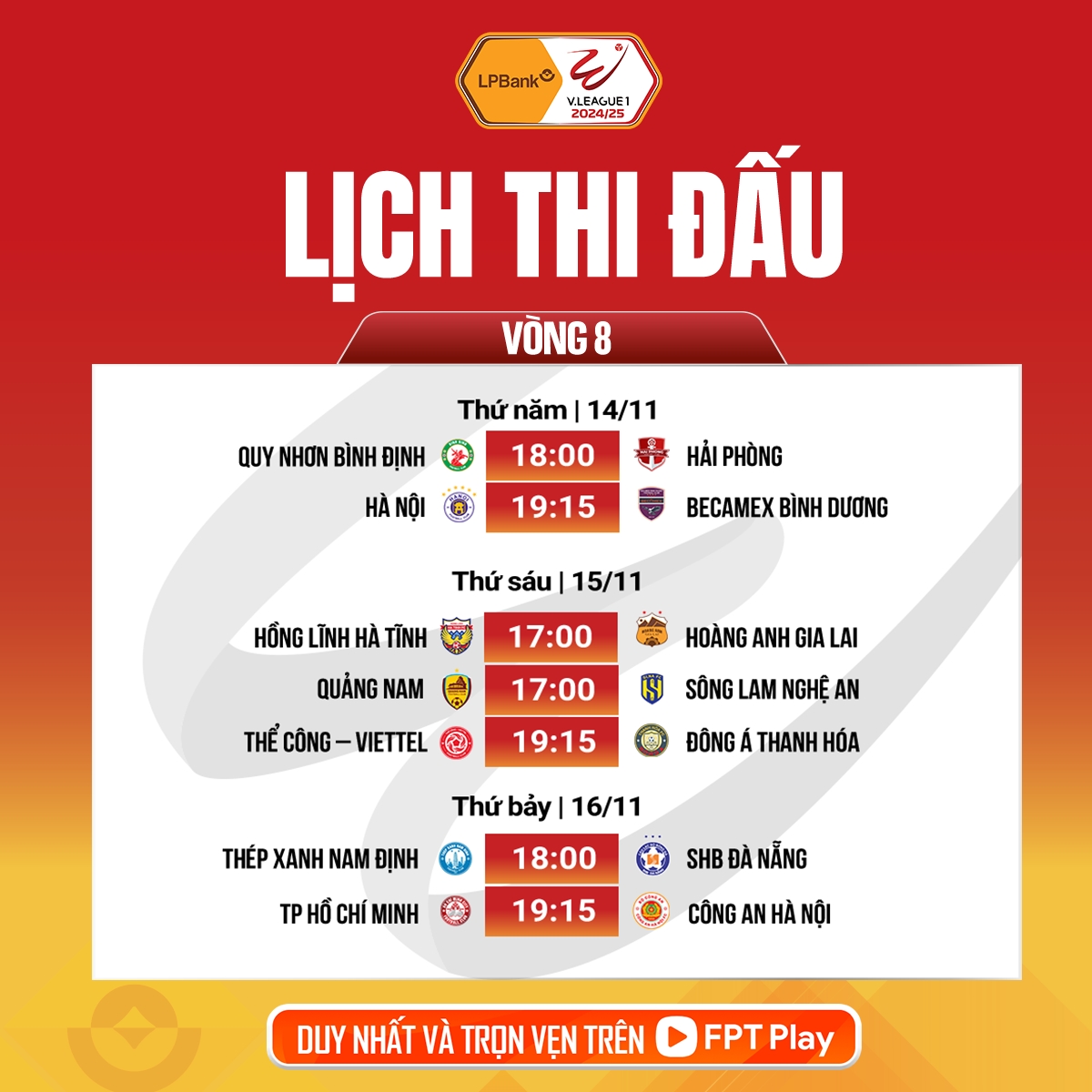 Lịch thi đấu và trực tiếp vòng 8 V-League 2024/2025.