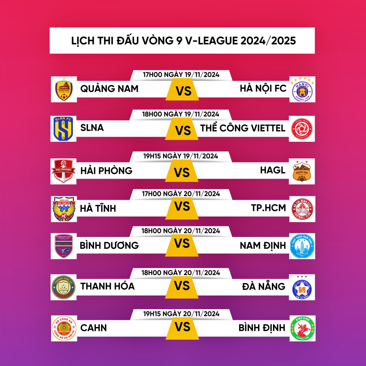 Lịch thi đấu và trực tiếp vòng 9 V-League 2024/2025.