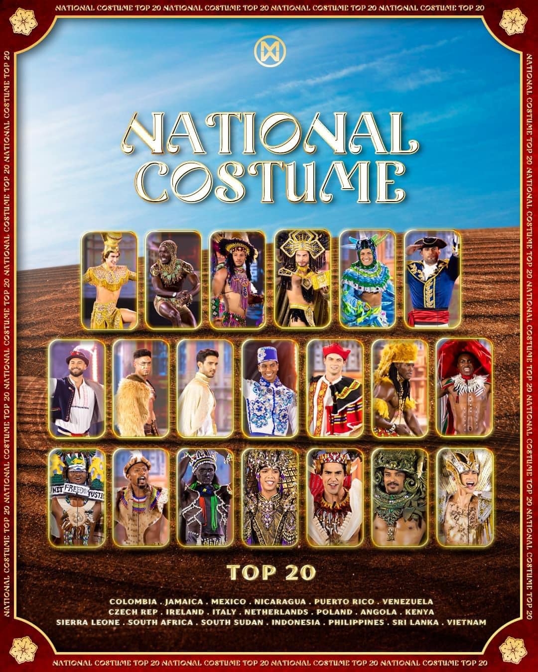 Top 20 finalists of the national costume competition are announced, including representatives from Colombia, Jamaica, Mexico, Nicaragua, Puerto Rico, and Vietnam.