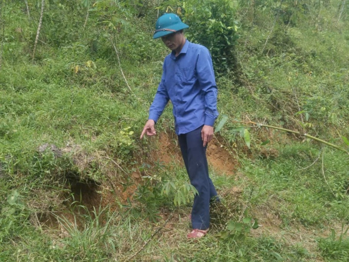Phần đất ở vị trí nứt đã bị sạt xuống