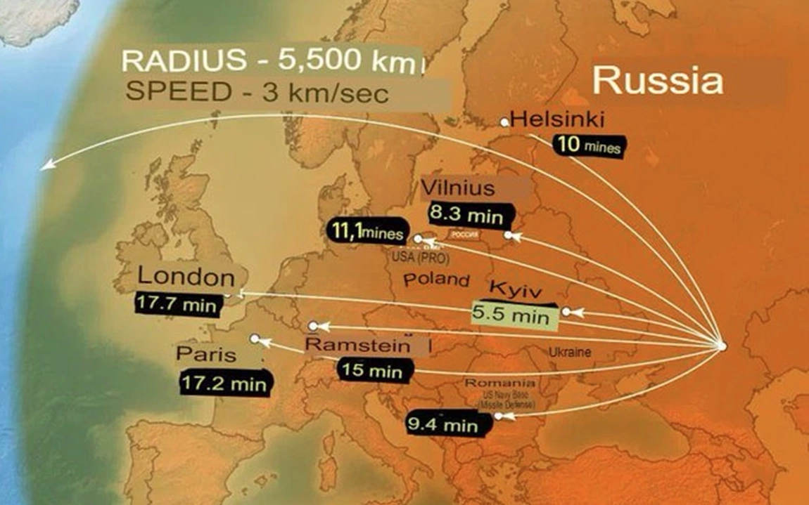 Tầm bắn của tên lửa đạn đạo siêu vượt âm Oreshnik (Nga) phủ khắp Tây Âu. Đồ họa: Open Data.