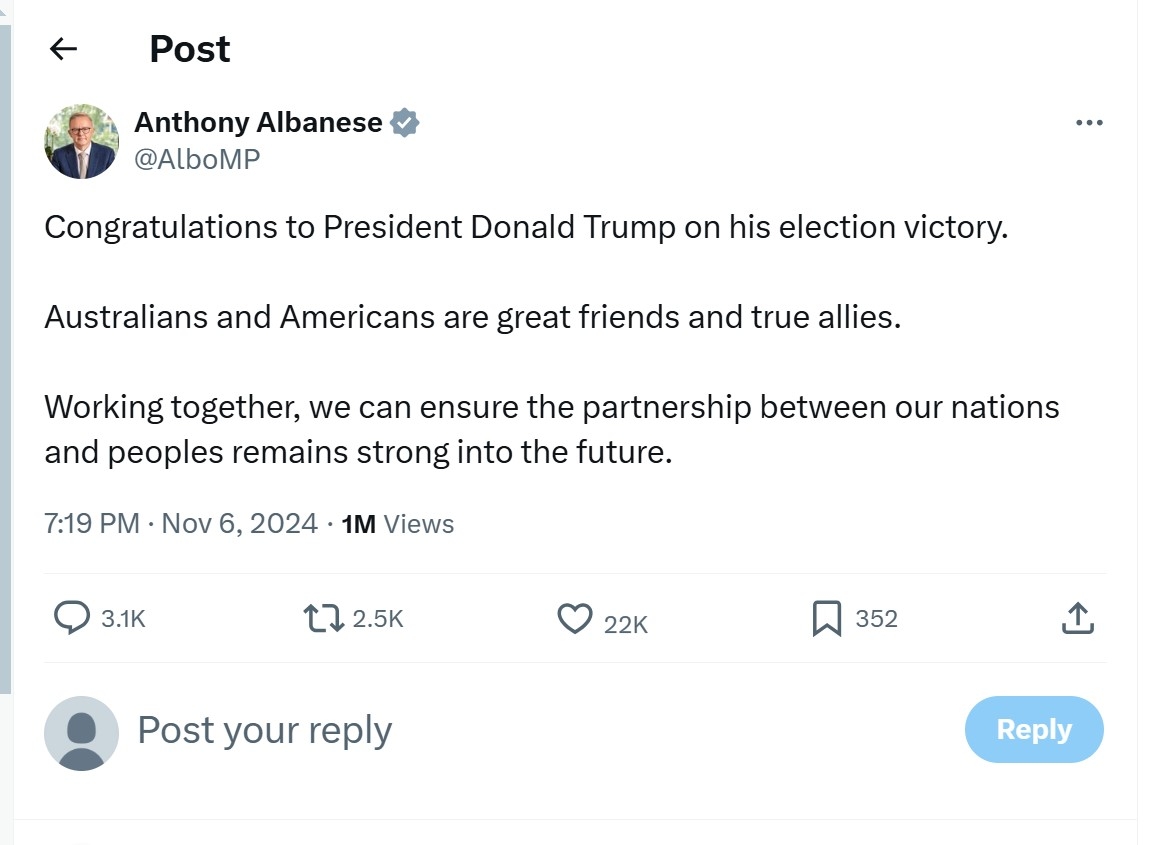 Thủ tướng Australia Anthony Albanese chúc mừng ông Donald Trump trên trang X cá nhân