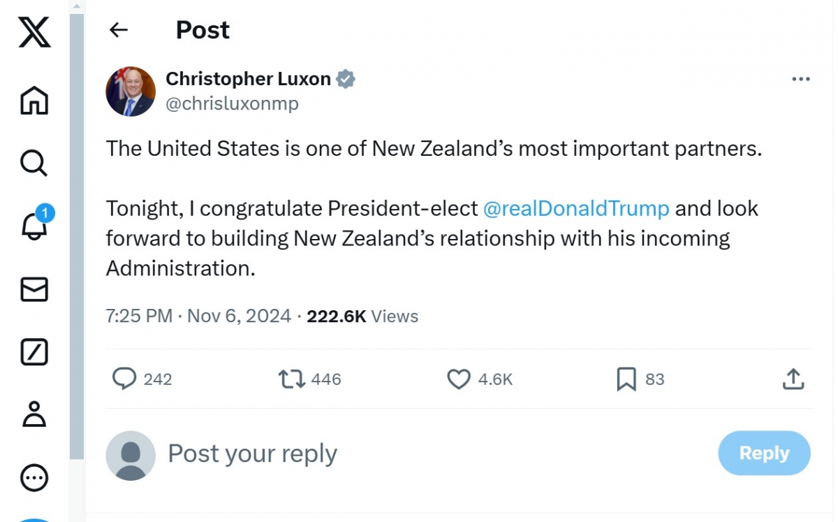 Thủ tướng New Zealand Christopher Luxon chúc mừng ông Donald Trump trên trang X cá nhân