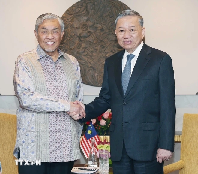 Tổng Bí thư Tô Lâm tiếp Phó Thủ tướng kiêm Bộ trưởng Bộ Phát triển nông thôn Malaysia, Chủ tịch Đảng Tổ chức Thống nhất Dân tộc Mã lai (UMNO) Dato’ Seri Dr. Ahmad Zahid Hamidi. (Ảnh: Thống Nhất/TTXVN)