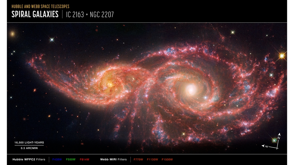 2 thiên hà xoắn ốc IC 2163 và NGC 2207 đang hợp nhất thành một. Ảnh: NASA, ESA, CSA, STScI