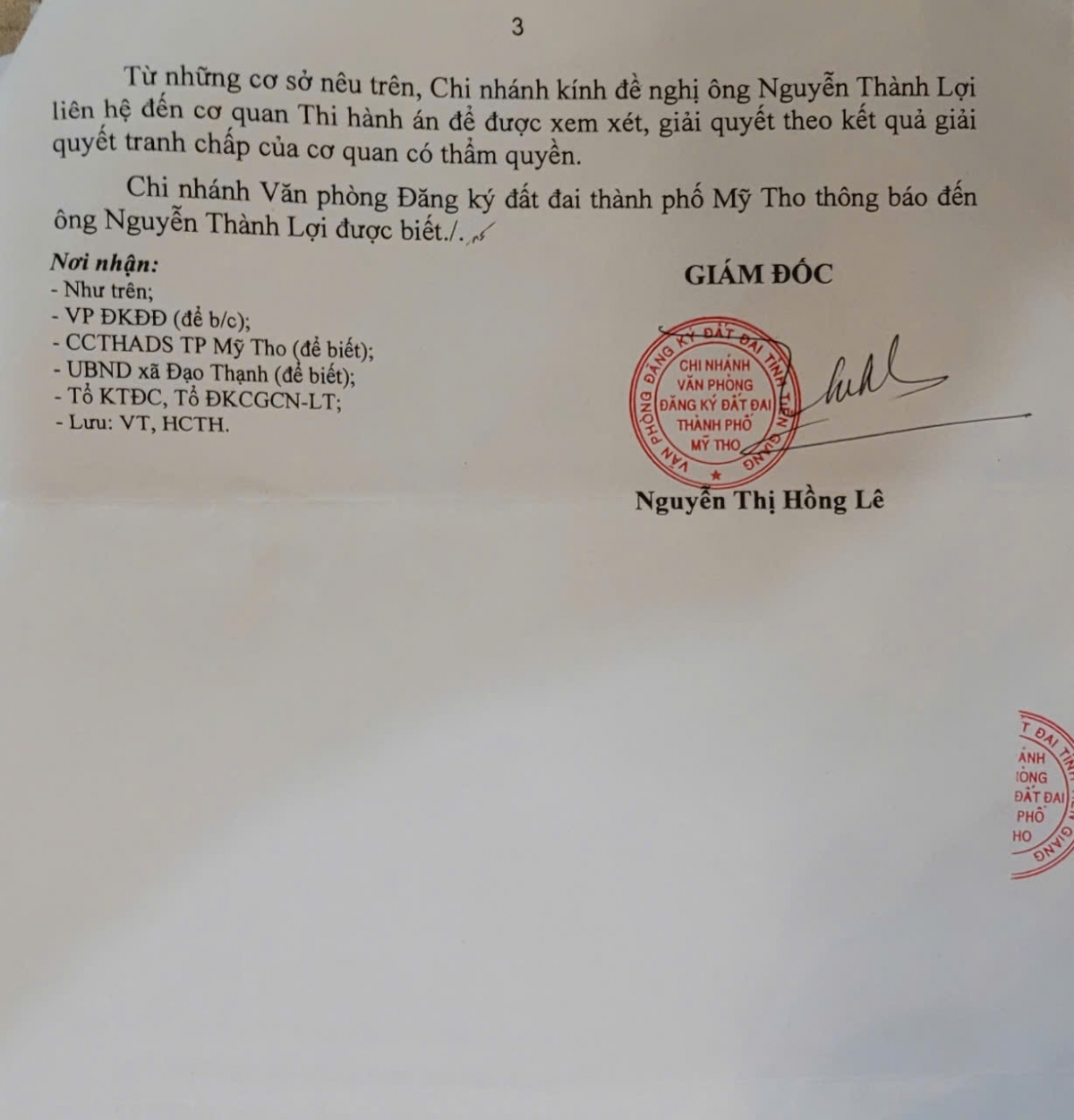 Một phần nội dung văn bản trả lời của Chi nhánh Văn phòng đăng ký đất đai TP. Mỹ Tho
