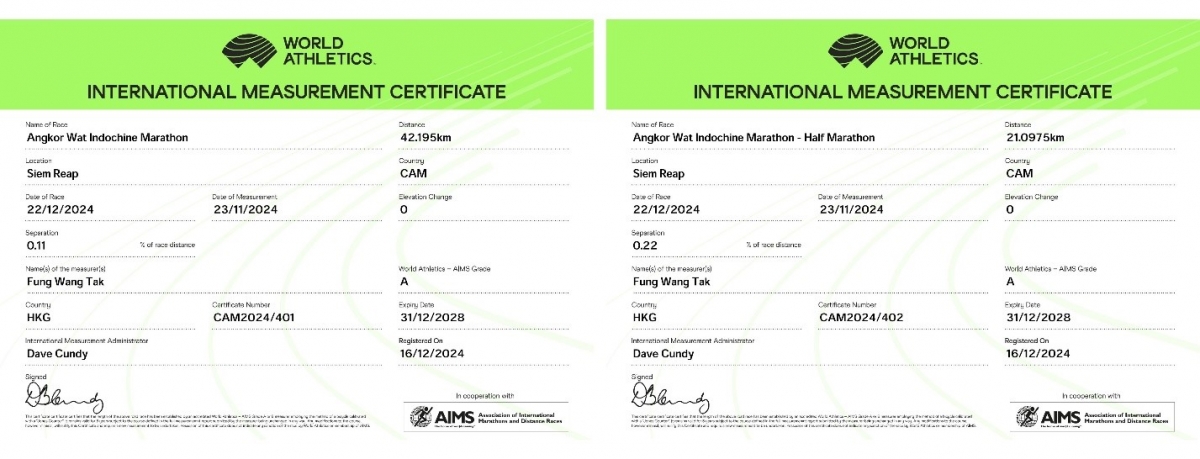 Giấy chứng nhận đường chạy bán marathon và full marathon Viettel Marathon Angkor Wat do Hiệp hội Điền kinh Châu Á cấp phép.