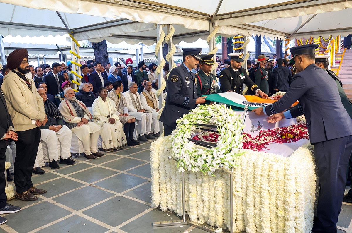 Lễ tang cựu Thủ tướng Ấn Độ Manmohan Singh được cử hành ở thủ đô New Delhi với sự có mặt của các nhà lãnh đạo cao nhất của Ấn Độ. Ảnh: ANI