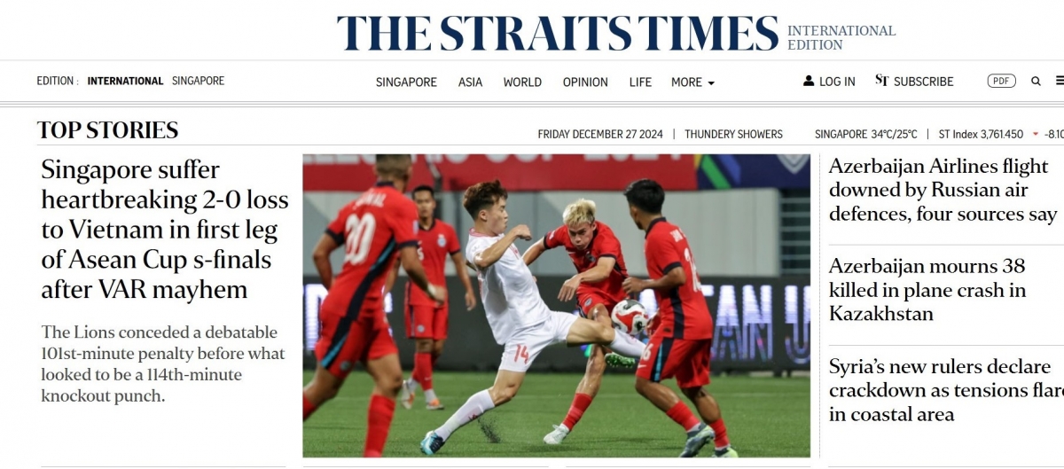 Ảnh chụp màn hình báo StraitsTimes của Singapore.