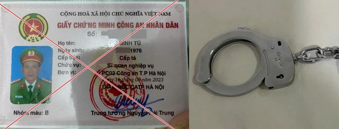 Giấy chứng minh CAND giả và còng số 8 được các đối tượng dùng làm phương tiện gây án.